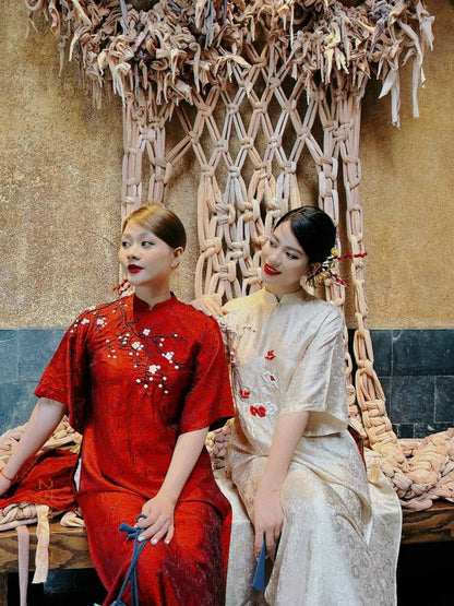 Shifted Embroidery Cream / Red / Blue GAM Ao Dai Set | Pre-made Vietnamese Ao Dai| Women Ao Dai | Lunar New Year| Ao Dai Truyen Thong | A1