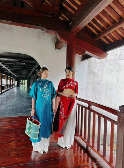 Shifted Embroidery Prussian Blue/Red Ao Dai Set |Pre-made Vietnamese Ao Dai|Women Ao Dai with Pants |Lunar New Year| Ao Dai Truyen Thong| H3