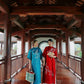 Shifted Embroidery Prussian Blue/Red Ao Dai Set |Pre-made Vietnamese Ao Dai|Women Ao Dai with Pants |Lunar New Year| Ao Dai Truyen Thong| H3
