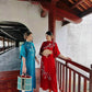 Shifted Embroidery Prussian Blue/Red Ao Dai Set |Pre-made Vietnamese Ao Dai|Women Ao Dai with Pants |Lunar New Year| Ao Dai Truyen Thong| H3