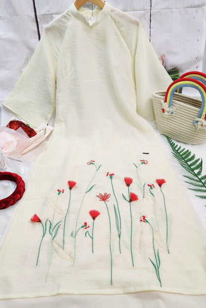 Shifted Cream Chiffon Ao Dai Set | Pre-made Modernized Vietnamese Ao Dai