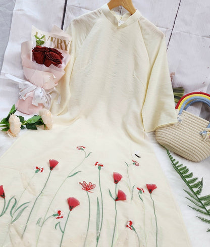 Shifted Cream Chiffon Ao Dai Set | Pre-made Modernized Vietnamese Ao Dai