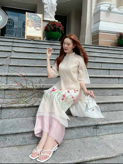 Shifted Cream Chiffon Ao Dai Set | Pre-made Modernized Vietnamese Ao Dai