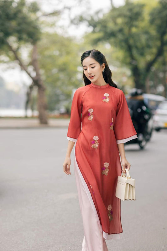 Shifted Red Double Sleeve Chiffon Ao Dai Set | Pre-made Modernized Vietnamese Ao Dai
