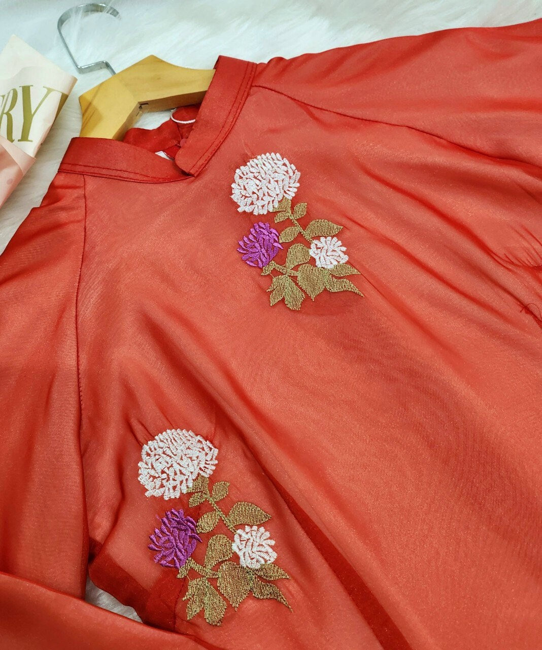 Shifted Red Double Sleeve Chiffon Ao Dai Set | Pre-made Modernized Vietnamese Ao Dai