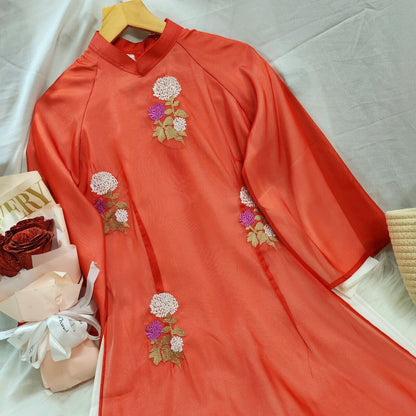 Shifted Red Double Sleeve Chiffon Ao Dai Set | Pre-made Modernized Vietnamese Ao Dai
