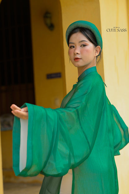 Áo Tấc - Green (Top and Headband, No Pants) | Ao Tac | Áo Ngũ Thân Tay Thụng | Ao Dai Truyen Thong | Pre-made Vietnamese Viet Phuc