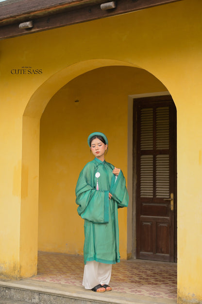 Áo Tấc - Green (Top and Headband, No Pants) | Ao Tac | Áo Ngũ Thân Tay Thụng | Ao Dai Truyen Thong | Pre-made Vietnamese Viet Phuc
