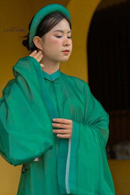 Áo Tấc - Green (Top and Headband, No Pants) | Ao Tac | Áo Ngũ Thân Tay Thụng | Ao Dai Truyen Thong | Pre-made Vietnamese Viet Phuc