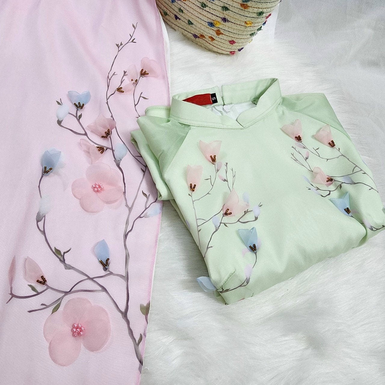 Blush Blossom Chiffon Ao Dai Set (Even Layers, Blue Pants) | Pre-made Modernized Vietnamese Ao Dai| Women Ao Dai with Pants| Lunar New Year