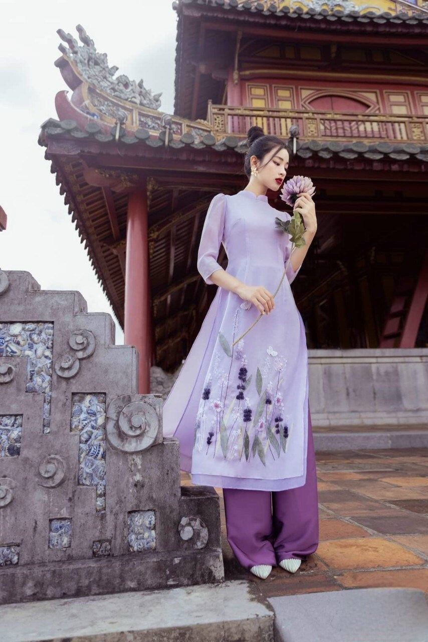 Purple Blossom Chiffon Ao Dai Set | Pre-made Modernized Vietnamese Ao Dai| Women Ao Dai with Pants| Lunar New Year| Ao Dai Cach Tan