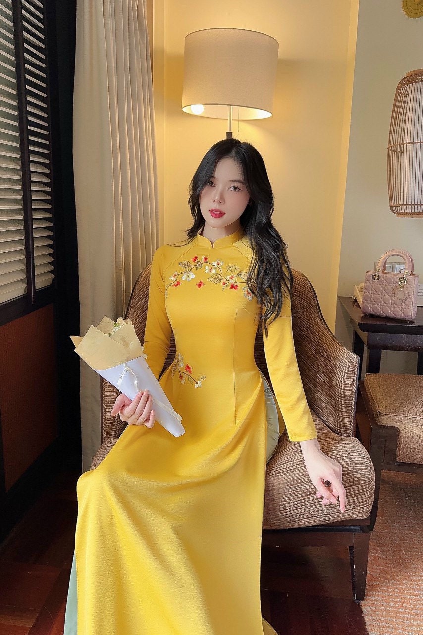 Yellow Embroidery Ao Dai Set (Pastel Green Pants)