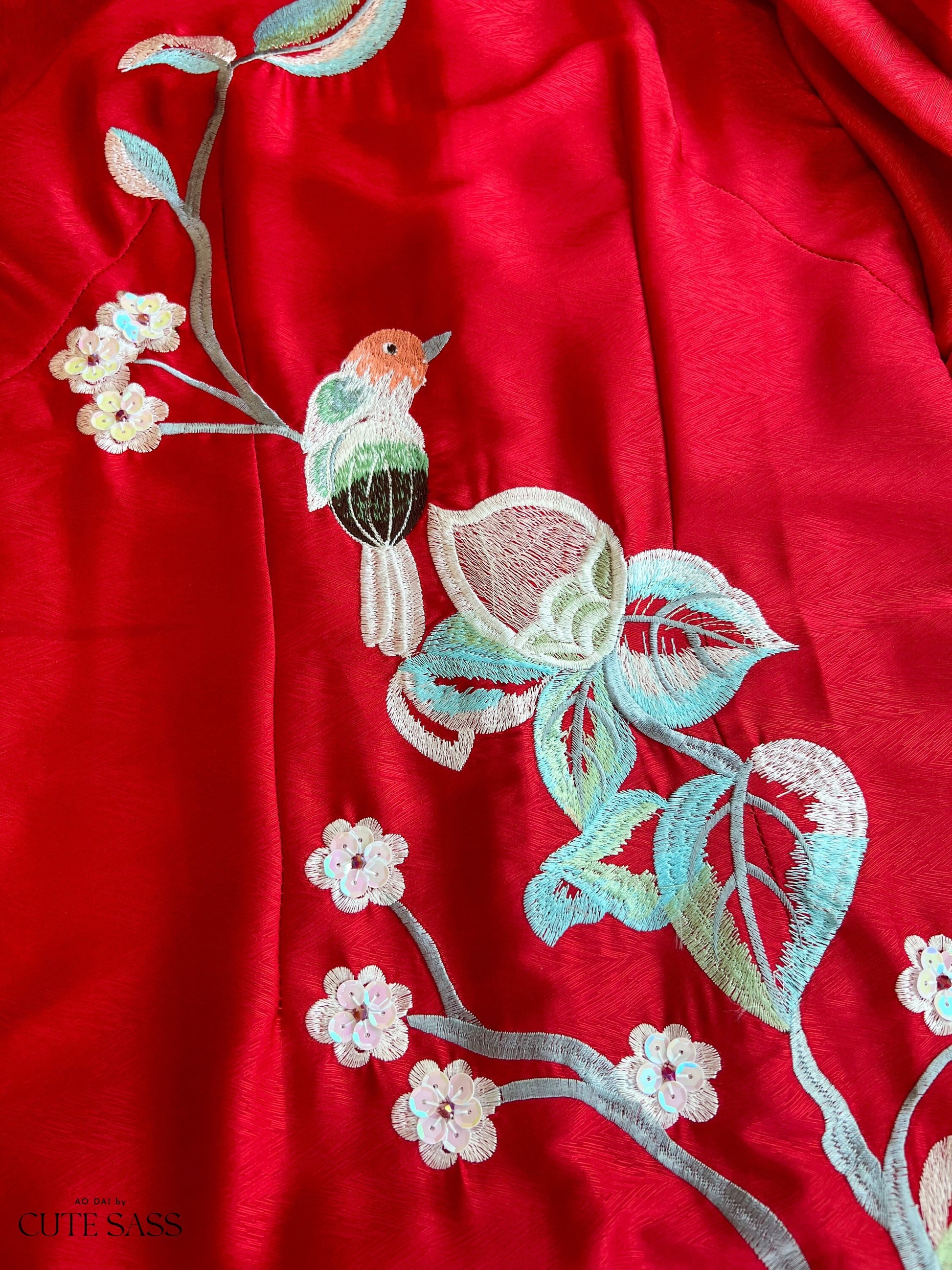 Red Embroidery Peony Ao Dai Set | Pre-made Modernized Vietnamese Ao Dai | Women Ao Dai with Pants | Lunar New Year|A2