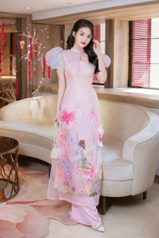 Pink Puffy Sleeve 3D Flower Ao Dai Set | Pre-made Modernized Vietnamese Ao Dai| Women Ao Dai with Pants|Lunar New Year|Ao Dai Cach Tan