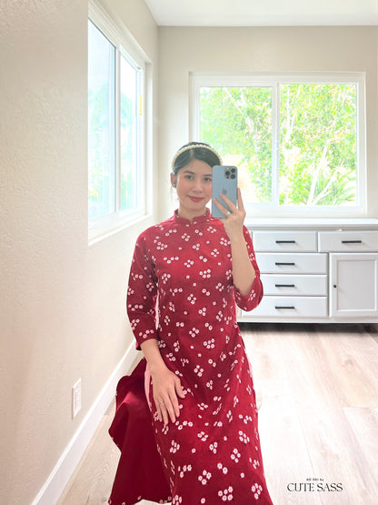 Red Mini Flower Ao Dai Top Only (NO PANTS) | Pre-made Modernized Vietnamese Ao Dai| Women Ao Dai | Lunar New Year| Ao Dai Cach Tan
