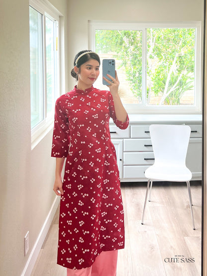 Red Mini Flower Ao Dai Top Only (NO PANTS) | Pre-made Modernized Vietnamese Ao Dai| Women Ao Dai | Lunar New Year| Ao Dai Cach Tan