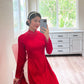 Plain Red Gam Silk with Pearls Ao Dai Set | Pre-made Traditional Vietnamese Ao Dai | Lunar New Year| Ao Dai Truyen Thong|Ao Dai with Pants