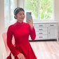 Plain Red Gam Silk with Pearls Ao Dai Set | Pre-made Traditional Vietnamese Ao Dai | Lunar New Year| Ao Dai Truyen Thong|Ao Dai with Pants