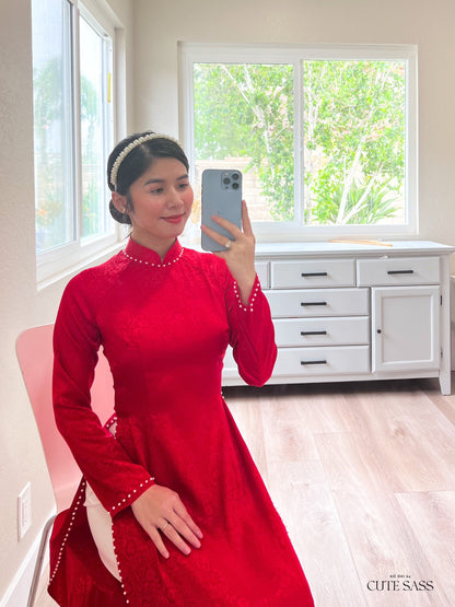 Plain Red Gam Silk with Pearls Ao Dai Set | Pre-made Traditional Vietnamese Ao Dai | Lunar New Year| Ao Dai Truyen Thong|Ao Dai with Pants