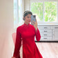 Plain Red Gam Silk with Pearls Ao Dai Set | Pre-made Traditional Vietnamese Ao Dai | Lunar New Year| Ao Dai Truyen Thong|Ao Dai with Pants
