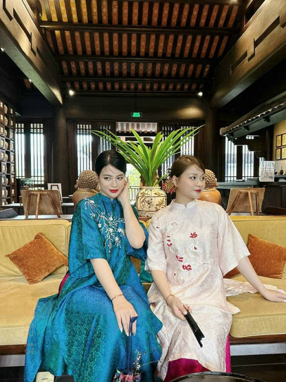 Shifted Embroidery Cream / Red / Blue GAM Ao Dai Set | Pre-made Vietnamese Ao Dai| Women Ao Dai | Lunar New Year| Ao Dai Truyen Thong | A1