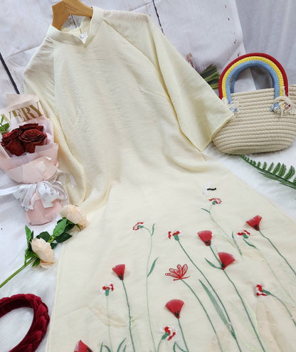 Shifted Cream Chiffon Ao Dai Set | Pre-made Modernized Vietnamese Ao Dai