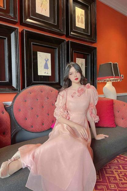 3D Roses Chiffon Ao Dai Set| Pre-made Modernized Vietnamese Ao Dai| Women Ao Dai with Pants| Lunar New Year| Ao Dai Cach Tan| Modern Ao Dai