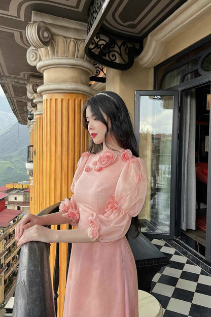 3D Roses Chiffon Ao Dai Set| Pre-made Modernized Vietnamese Ao Dai| Women Ao Dai with Pants| Lunar New Year| Ao Dai Cach Tan| Modern Ao Dai