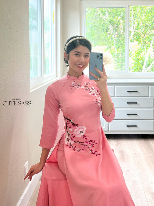 Pink Embroidery Ao Dai Set | Pre-made Traditional Vietnamese Ao Dai | Women Ao Dai with Pants | Lunar New Year| Ao Dai Truyen Thong