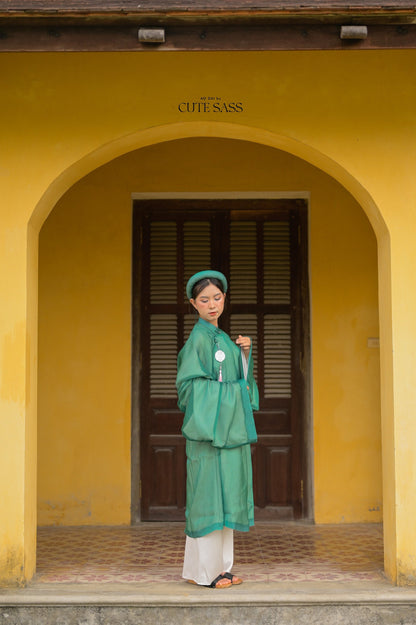 Áo Tấc - Green (Top and Headband, No Pants) | Ao Tac | Áo Ngũ Thân Tay Thụng | Ao Dai Truyen Thong | Pre-made Vietnamese Viet Phuc
