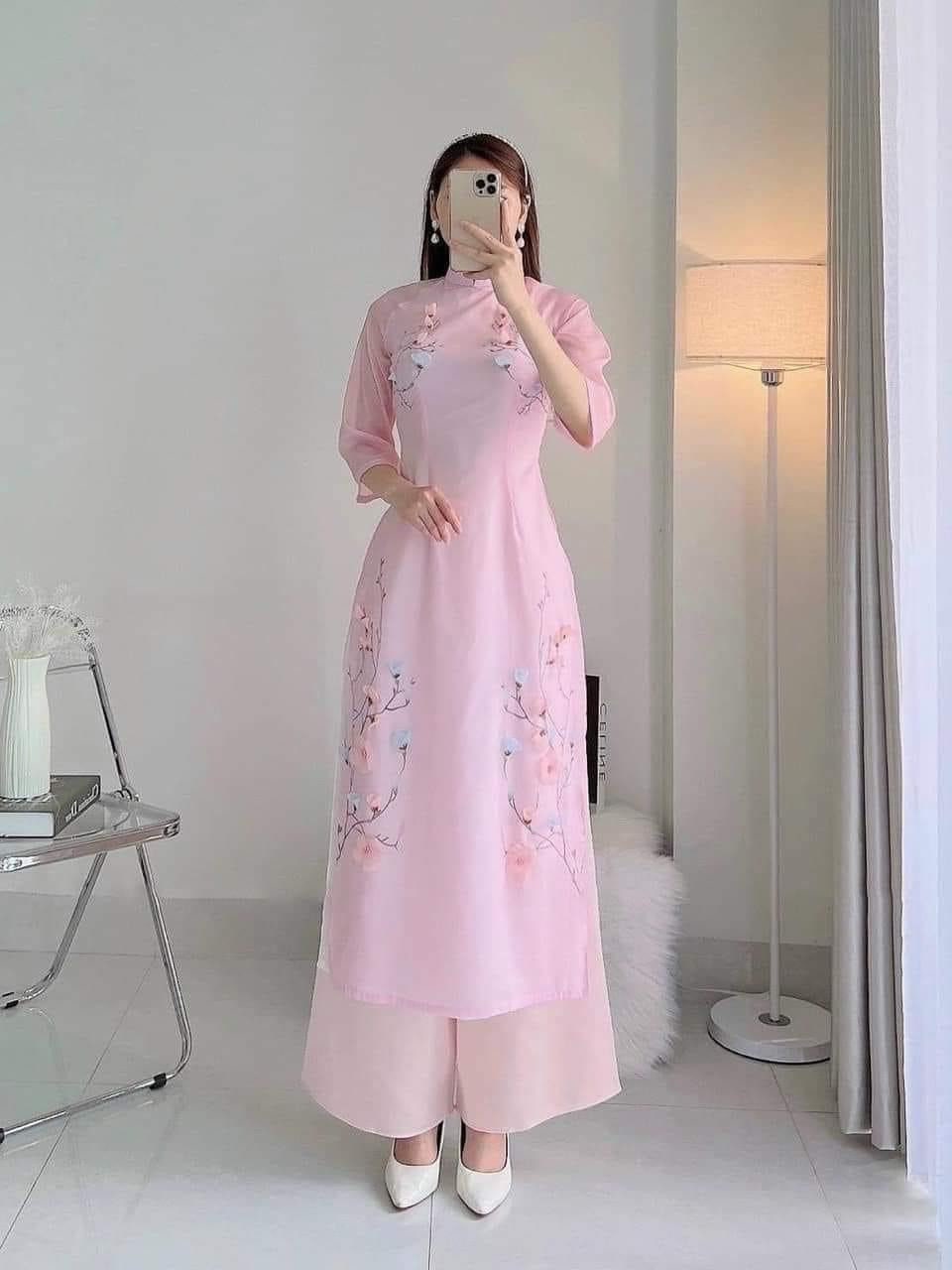 Blush Blossom Chiffon Ao Dai Set (Even Layers, Blue Pants) | Pre-made Modernized Vietnamese Ao Dai| Women Ao Dai with Pants| Lunar New Year