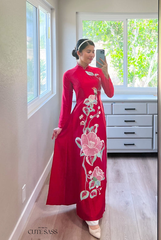 Red Embroidery Peony Ao Dai Set | Pre-made Modernized Vietnamese Ao Dai | Women Ao Dai with Pants | Lunar New Year|A2