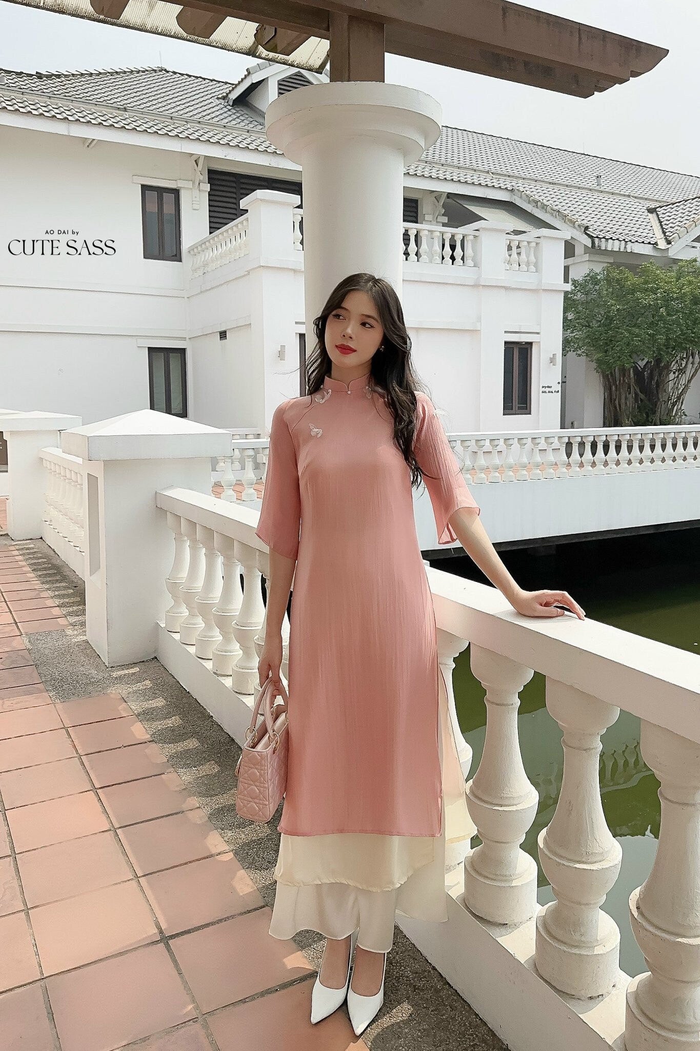 Shifted Blush 3D Butterflies Ao Dai Set | Pre-made Modernized Vietnamese Ao Dai | Pastel Ao Dai with Pants | Lunar New Year|M7