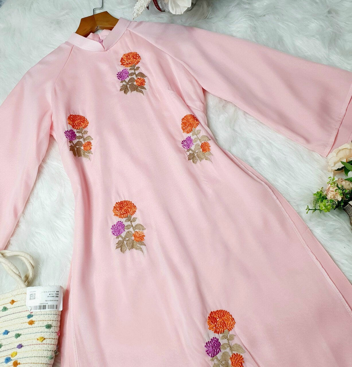 Shifted Light Pink Double Sleeve Chiffon Ao Dai Set | Pre-made Modernized Vietnamese Ao Dai