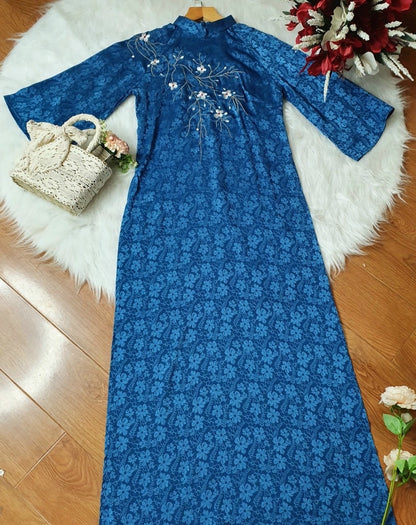 Shifted Embroidery Cream / Red / Blue GAM Ao Dai Set | Pre-made Vietnamese Ao Dai| Women Ao Dai | Lunar New Year| Ao Dai Truyen Thong | A1
