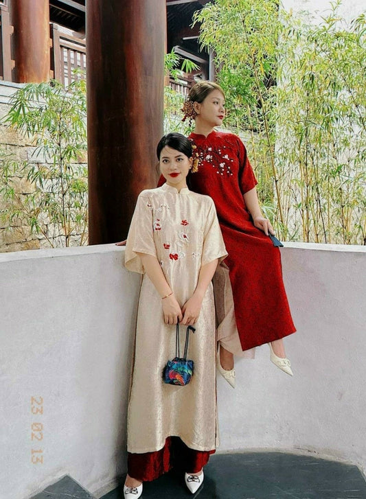 Shifted Embroidery Cream / Red / Blue GAM Ao Dai Set | Pre-made Vietnamese Ao Dai| Women Ao Dai | Lunar New Year| Ao Dai Truyen Thong | A1
