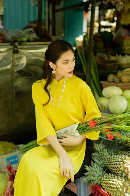 Shifted Traditional Gam Ao Dai Set | Pre-made Vietnamese Ao Dai| Women Ao Dai with Pants | Lunar New Year| Ao Dai Truyen Thong