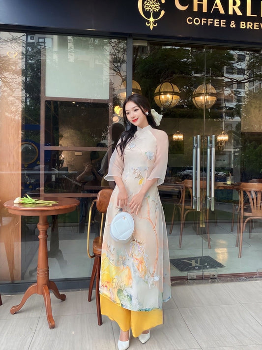 Beige 3D Floral Branches Ao Dai Set | Pre-made Modernized Vietnamese Ao Dai| Women Ao Dai with Pants| Lunar New Year|Ao Dai Cach Tan|