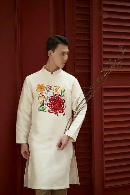 Men Cream Embroidery Sparrow Ao Dai Set| Pre-made Traditional Vietnamese Ao Dai| Lunar New Year | Ao Dai for Dad, Boy | Ao Dai Tet|