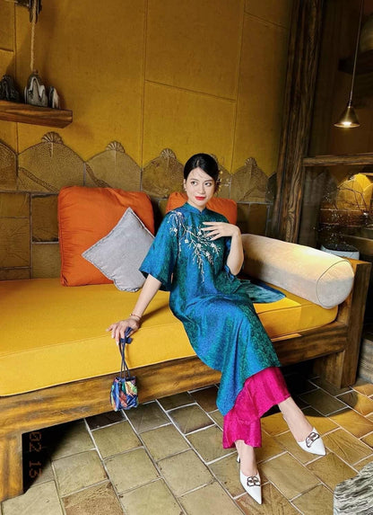 Shifted Embroidery Cream / Red / Blue GAM Ao Dai Set | Pre-made Vietnamese Ao Dai| Women Ao Dai | Lunar New Year| Ao Dai Truyen Thong | A1