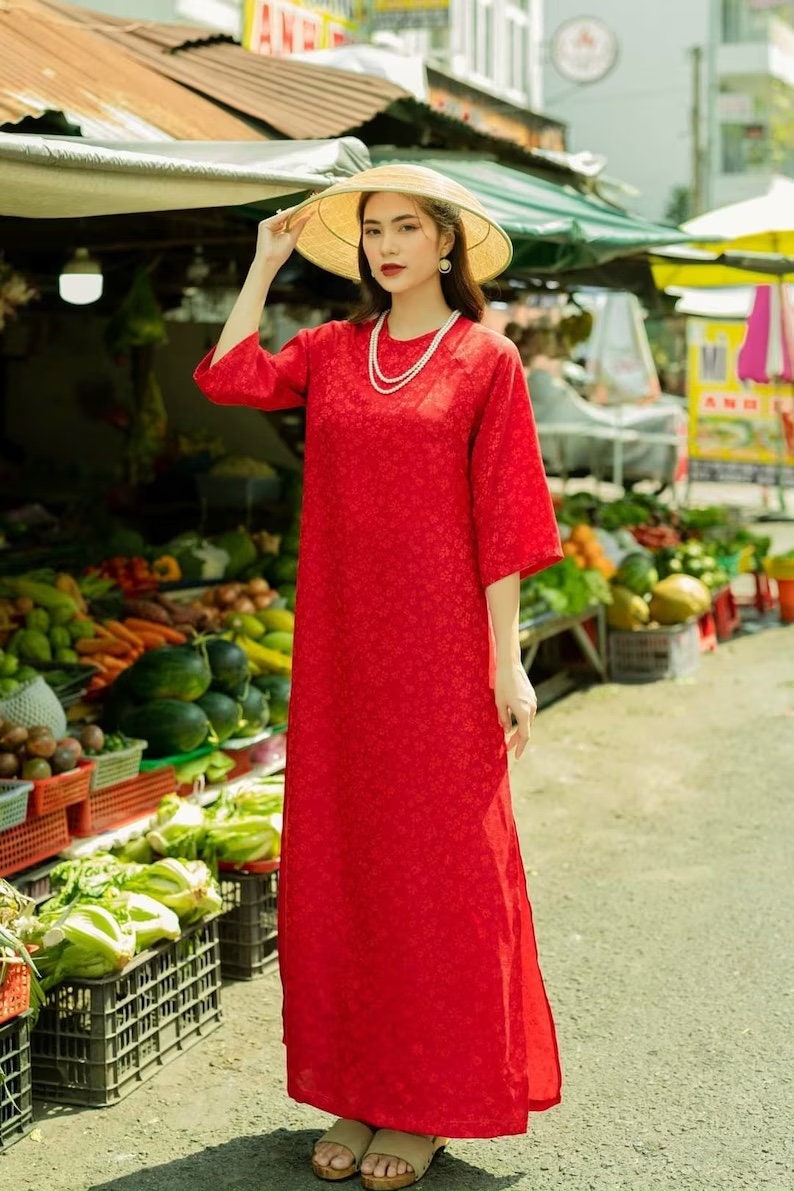 Shifted Traditional Gam Ao Dai Set | Pre-made Vietnamese Ao Dai| Women Ao Dai with Pants | Lunar New Year| Ao Dai Truyen Thong