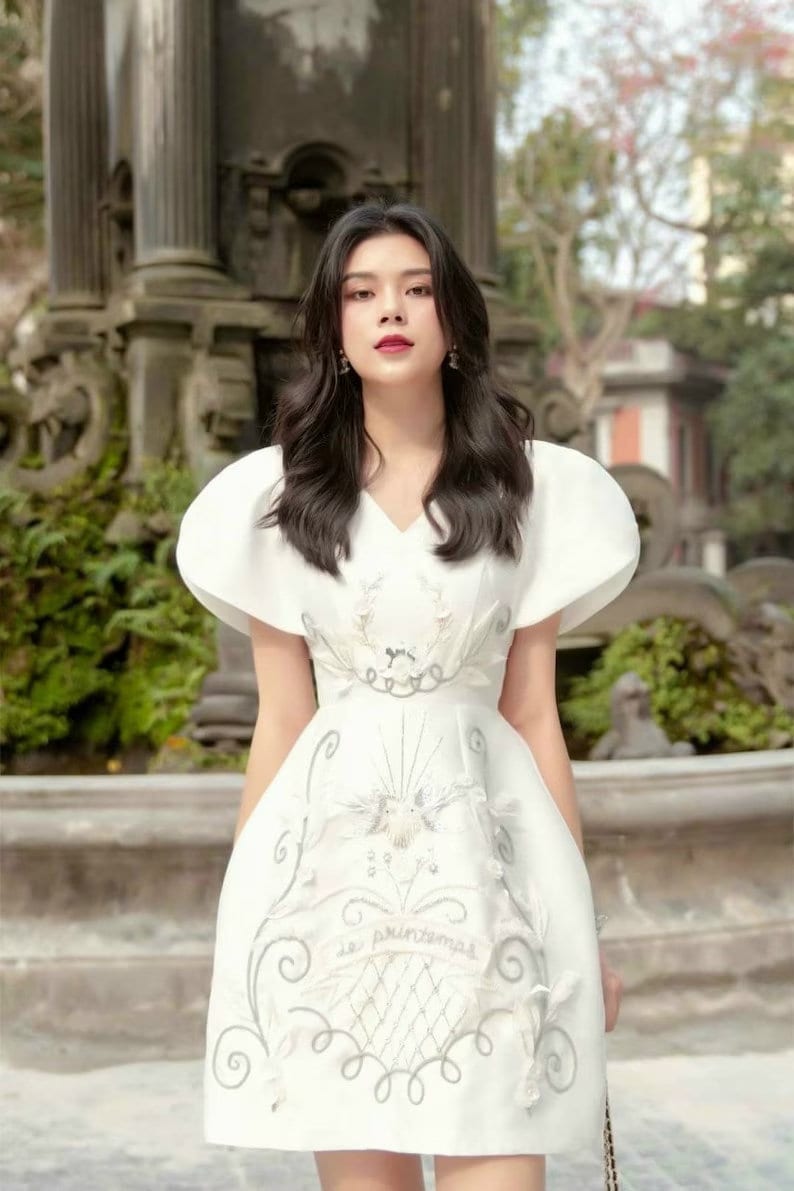 White Mini Ao Dai-Inspired Mini Dress | Pre-made Modernized Vietnamese Ao Dai| Ao Dai with Pants| Lunar New Year| Ao Dai Cach Tan|