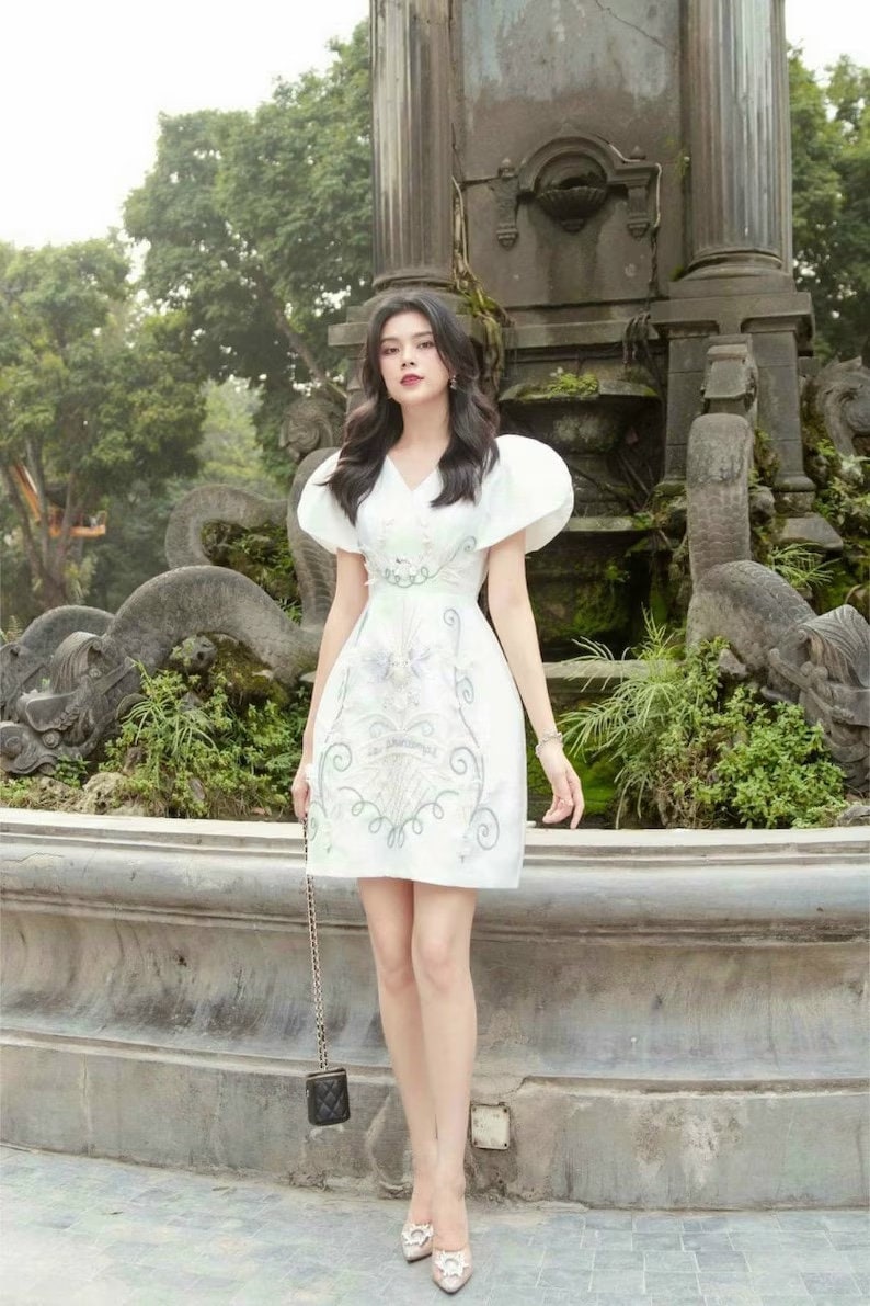 White Mini Ao Dai-Inspired Mini Dress | Pre-made Modernized Vietnamese Ao Dai| Ao Dai with Pants| Lunar New Year| Ao Dai Cach Tan|