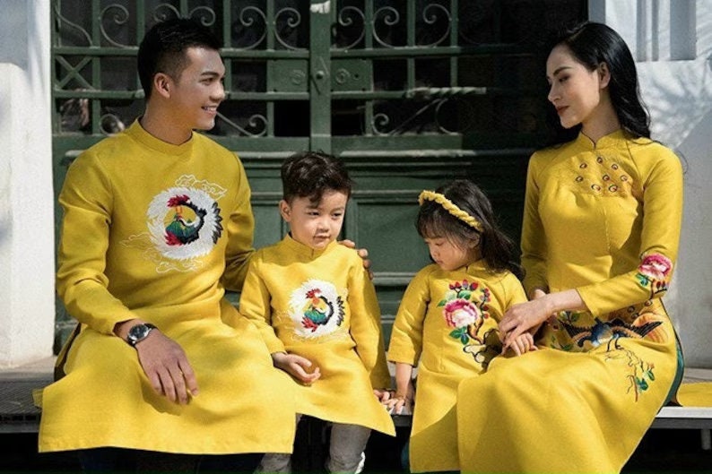 Family Yellow Embroidery Ao Dai Set| Pre-made Traditional Vietnamese Ao Dai| Lunar New Year | Ao Dai for Girl, Mom, Dad, Boy | Ao Dai Tet |