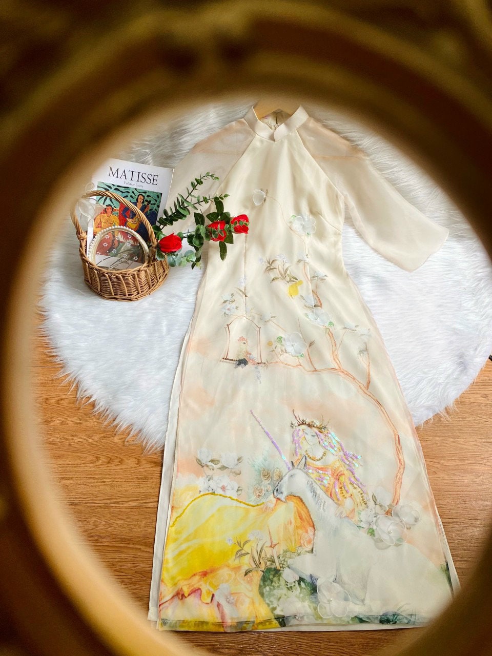 Beige 3D Floral Branches Ao Dai Set | Pre-made Modernized Vietnamese Ao Dai| Women Ao Dai with Pants| Lunar New Year|Ao Dai Cach Tan|
