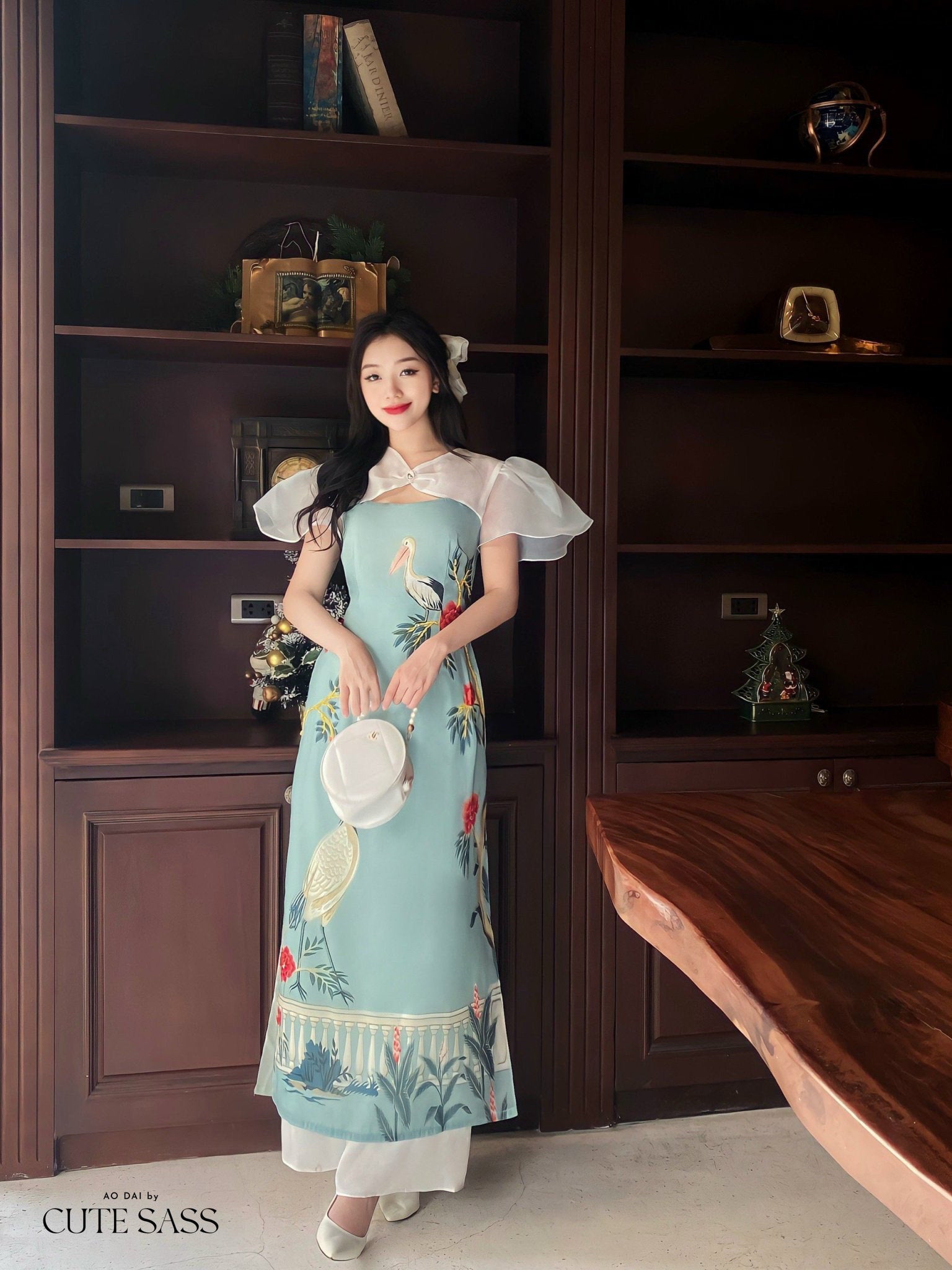 Cyan Hac Wing Sleeve Ao Dai Set | Pre-made Modernized Vietnamese Ao Dai| Women Ao Dai with Pants| Lunar New Year| Ao Dai Cach Tan