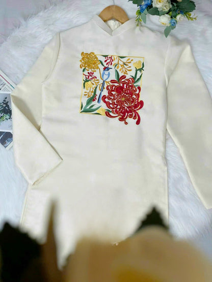 Men Cream Embroidery Sparrow Ao Dai Set| Pre-made Traditional Vietnamese Ao Dai| Lunar New Year | Ao Dai for Dad, Boy | Ao Dai Tet|