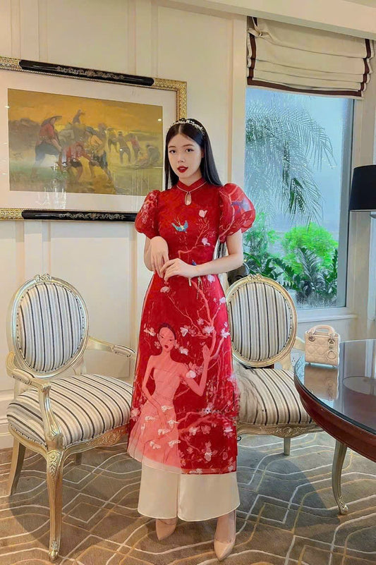 Red Puffy Sleeve Sparkle Spring Branches Ao Dai Set