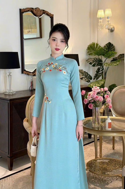 Blue Embroidery Ao Dai Set