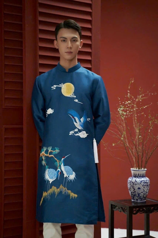 Men Prussian Blue Hac Ao Dai Set| Pre-made Traditional Vietnamese Ao Dai|Lunar New Year | Ao Dai for Dad | Ao Dai Truyen Thong| Ao Dai Tet |
